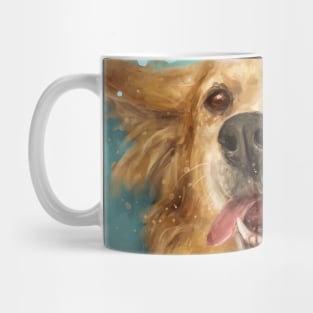 Painting of a Blond Golden Retriever Smiling on Light Blue Background Mug